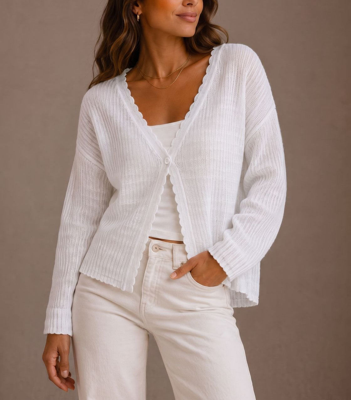 Women's Cropped Cardigan | Scalloped Trim & Single-Button Closure 2