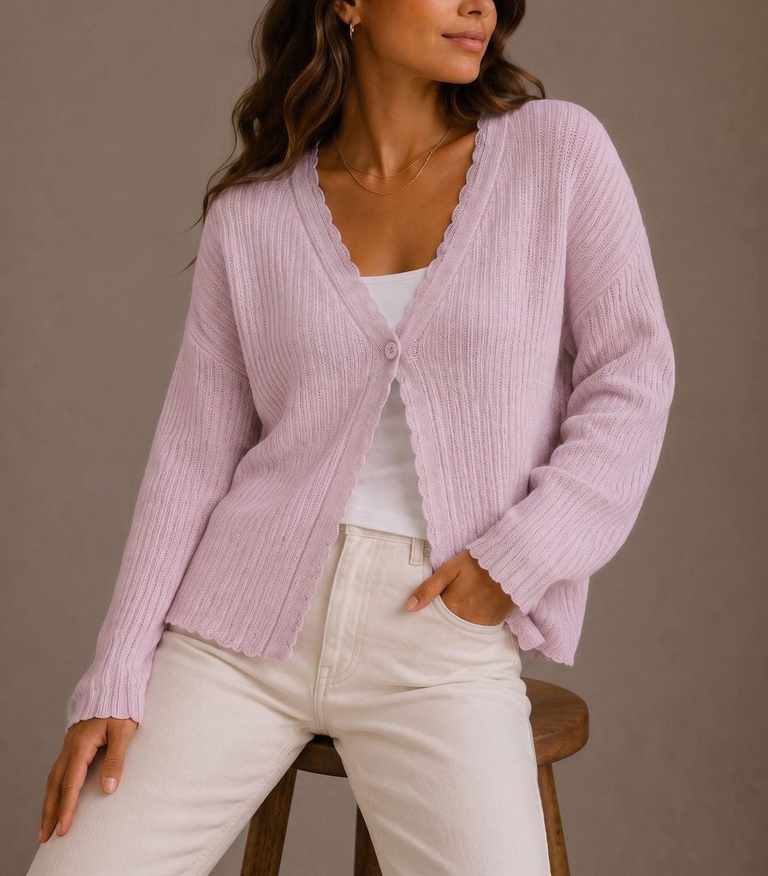 Women's Cropped Cardigan | Scalloped Trim & Single-Button Closure 4