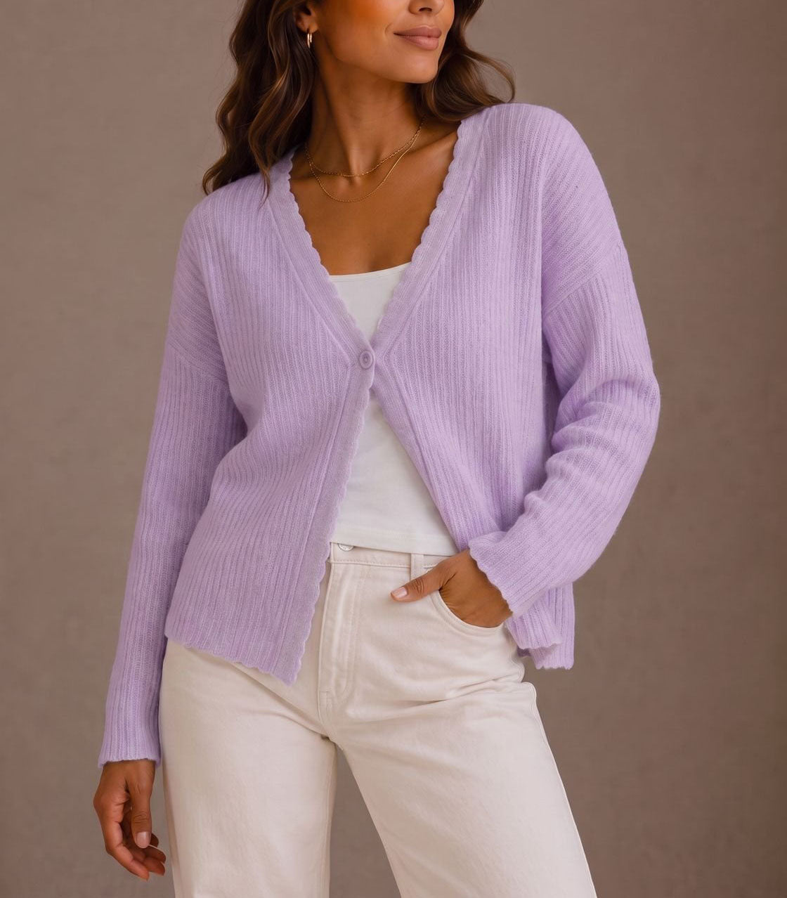 Women's Cropped Cardigan | Scalloped Trim & Single-Button Closure 5