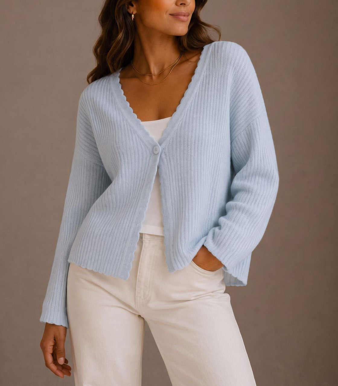 Women's Cropped Cardigan | Scalloped Trim & Single-Button Closure 1