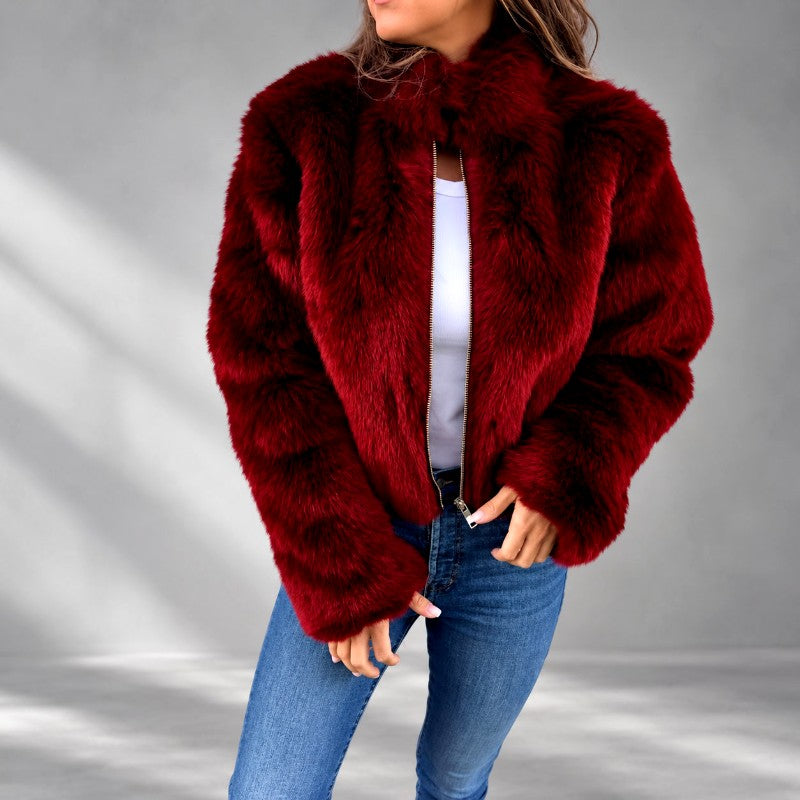 Eglantine - Women's Faux Fur Cropped Zip-Up Jacket 4