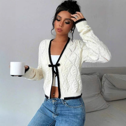 Women's Cropped Knit Cardigan | Bow Front Detail