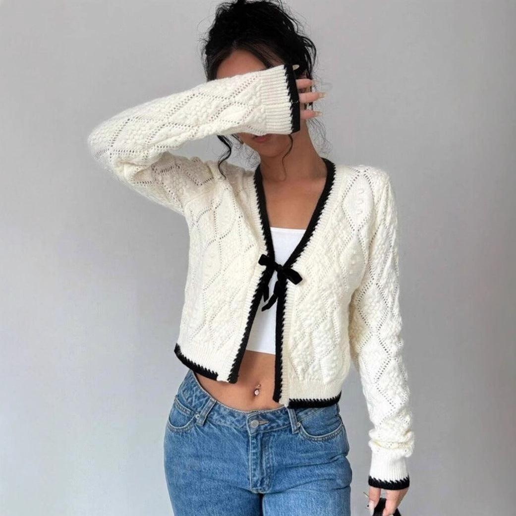 Women's Cropped Knit Cardigan | Bow Front Detail
