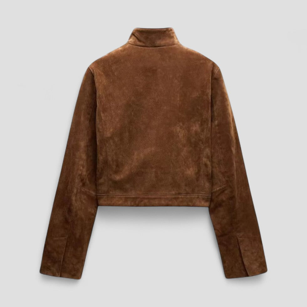 Chic Suede-Style Cropped Jacket with Zipper