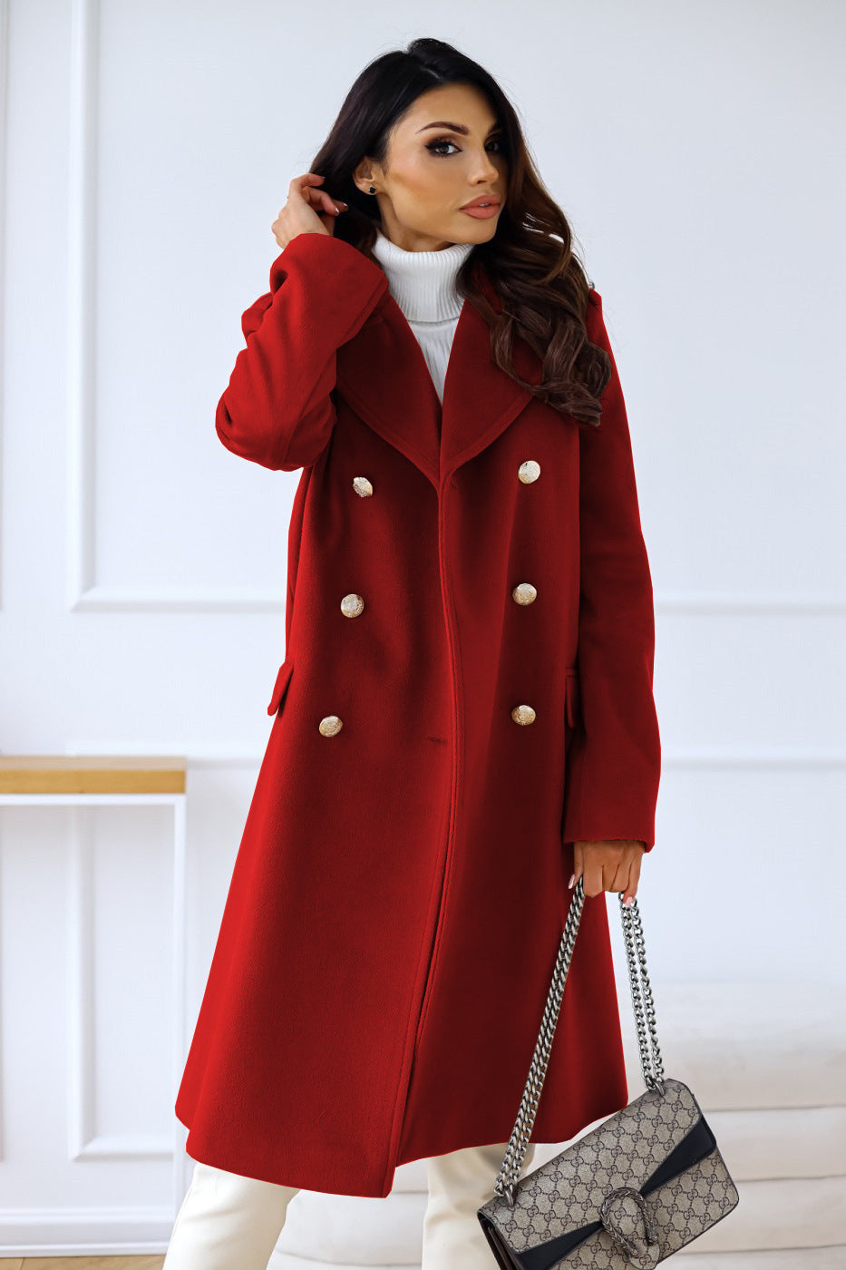 Women's Double-Breasted Long Coat | Notch Lapel & Warm Fit