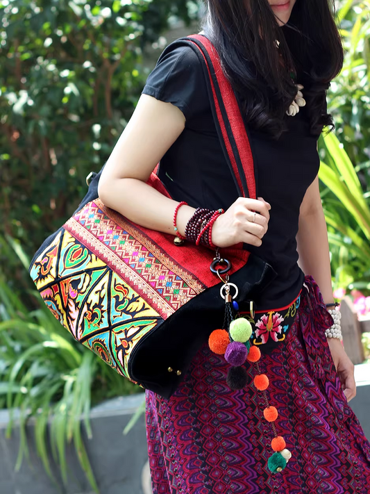 Women's Embroidered Shoulder Bag | Large Capacity & Zip Pockets