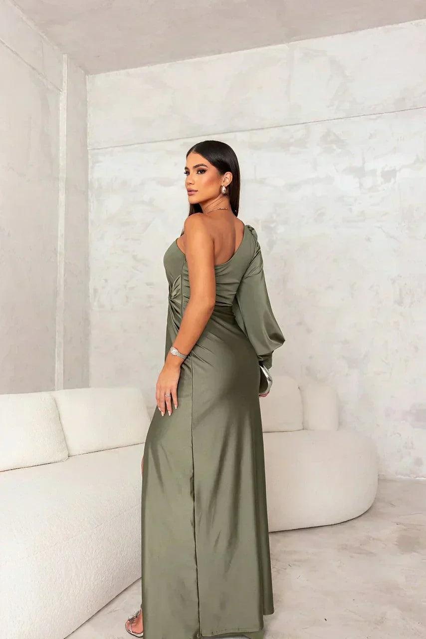 Women's Evening Maxi Dress | One-Shoulder Pleated Gown & Side Slit