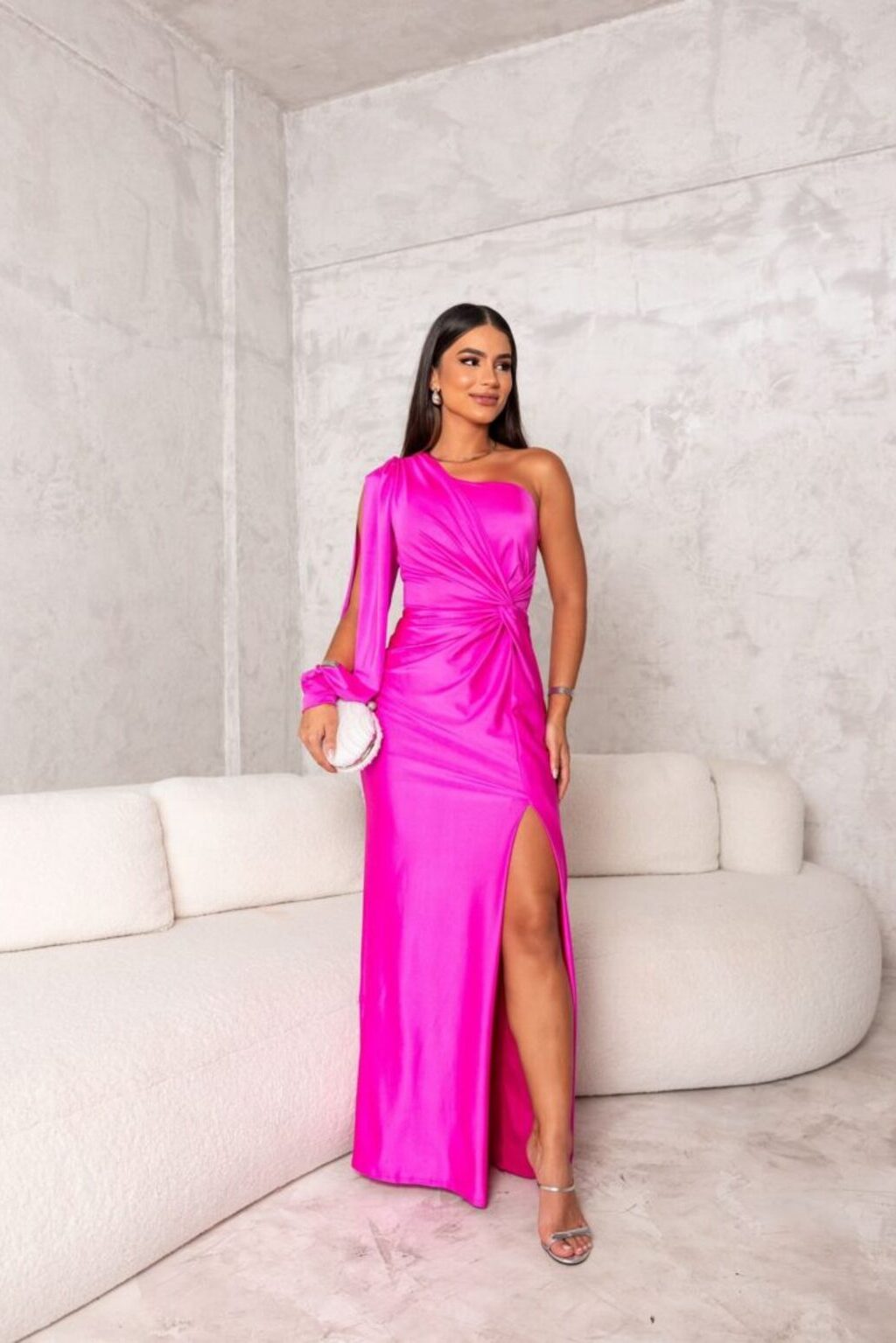 Women's Evening Maxi Dress | One-Shoulder Pleated Gown & Side Slit