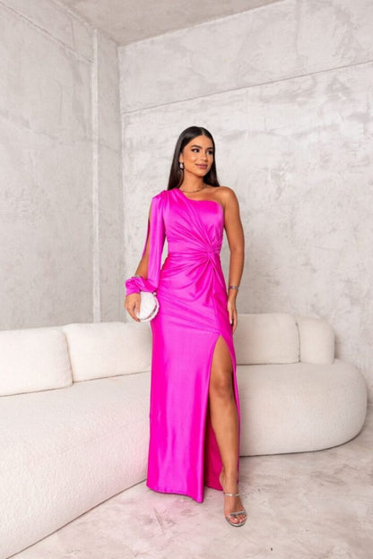 Women's Evening Maxi Dress | One-Shoulder Pleated Gown & Side Slit