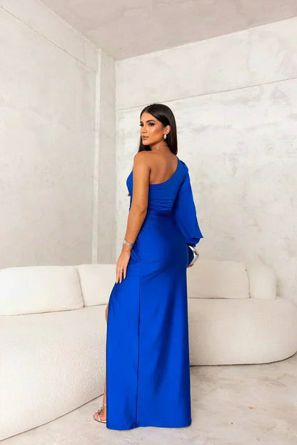 Women's Evening Maxi Dress | One-Shoulder Pleated Gown & Side Slit