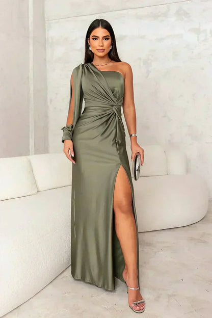 Women's Evening Maxi Dress | One-Shoulder Pleated Gown & Side Slit