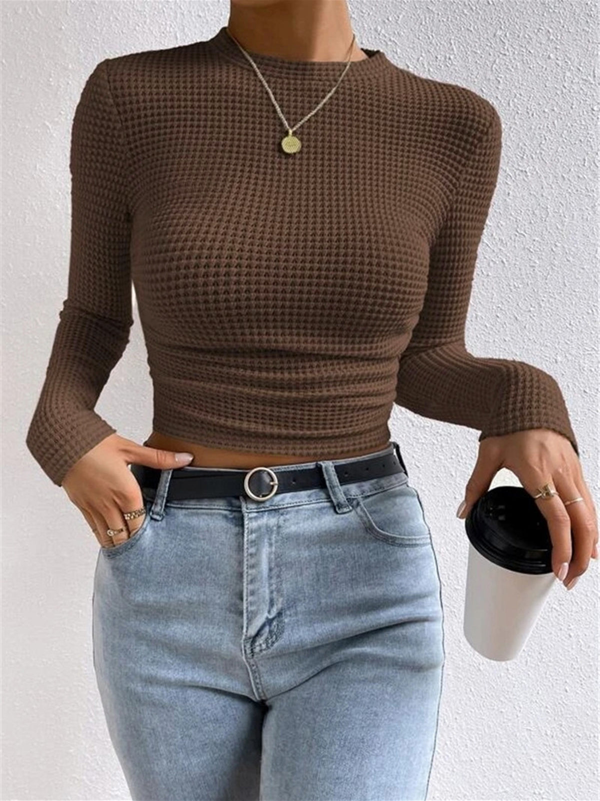 Women's Fitted Long Sleeve Top | Crew Neck & Textured Design
