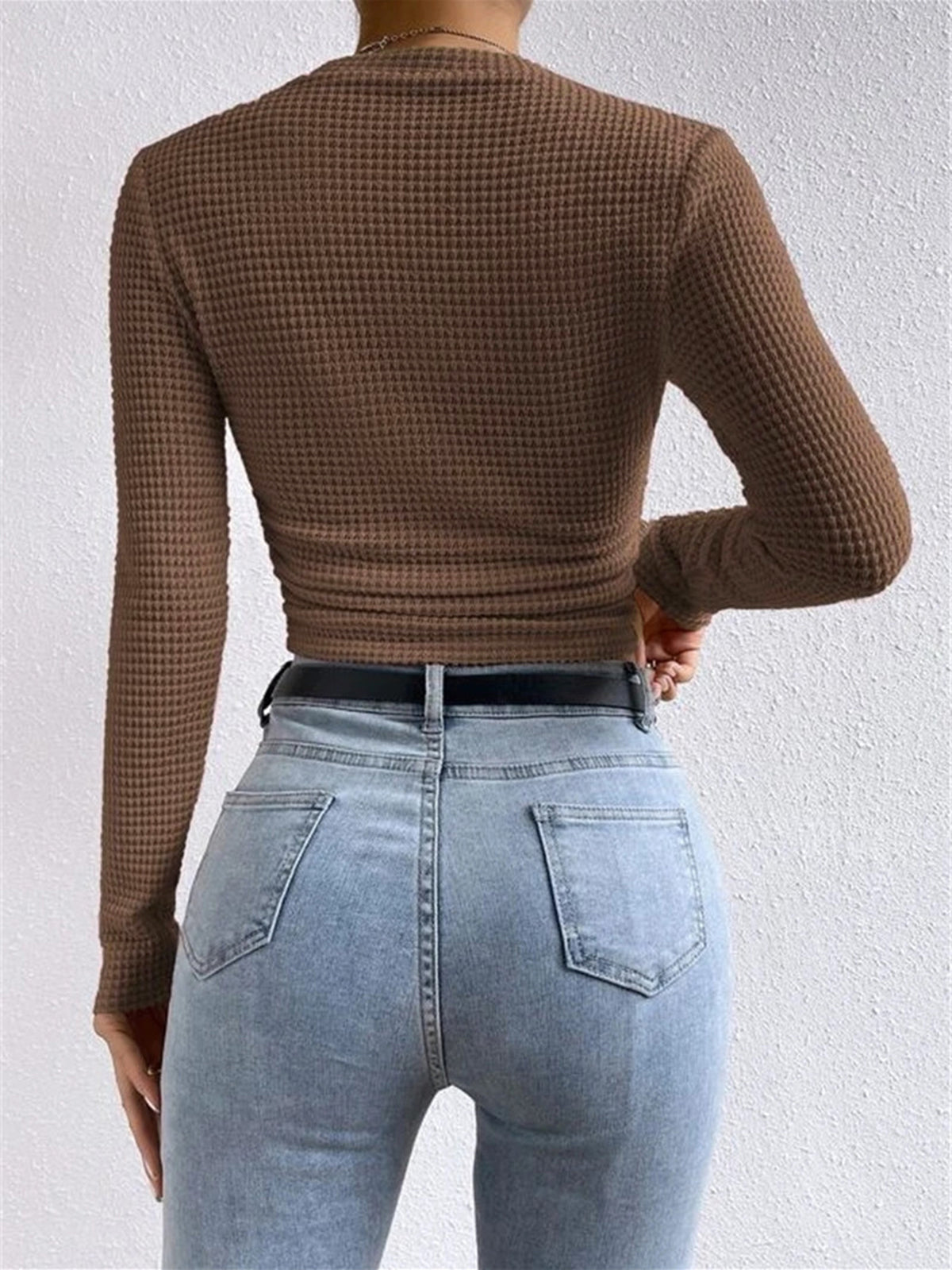 Women's Fitted Long Sleeve Top | Crew Neck & Textured Design