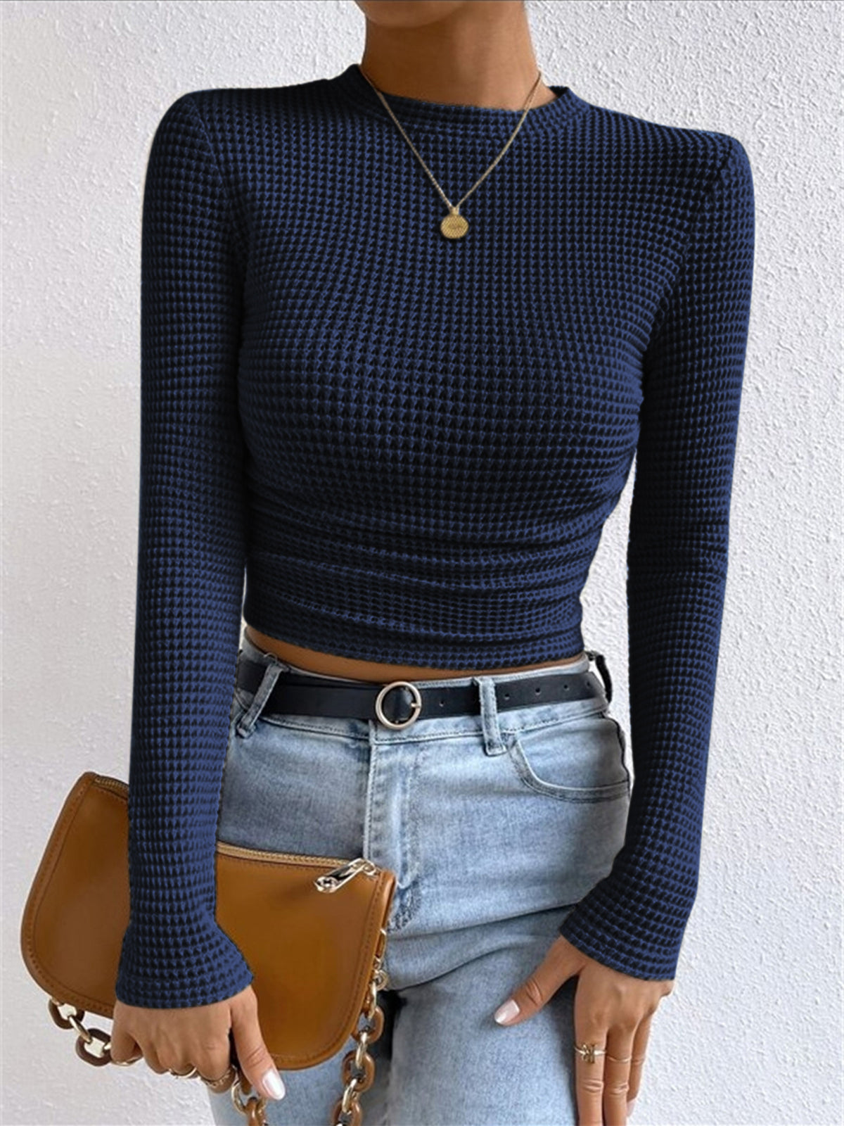 Women's Fitted Long Sleeve Top | Crew Neck & Textured Design