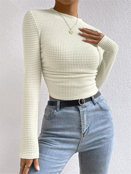 Women's Fitted Long Sleeve Top | Crew Neck & Textured Design