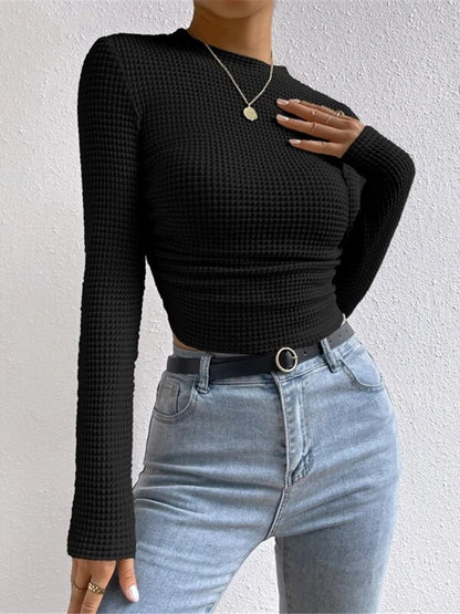 Women's Fitted Long Sleeve Top | Crew Neck & Textured Design