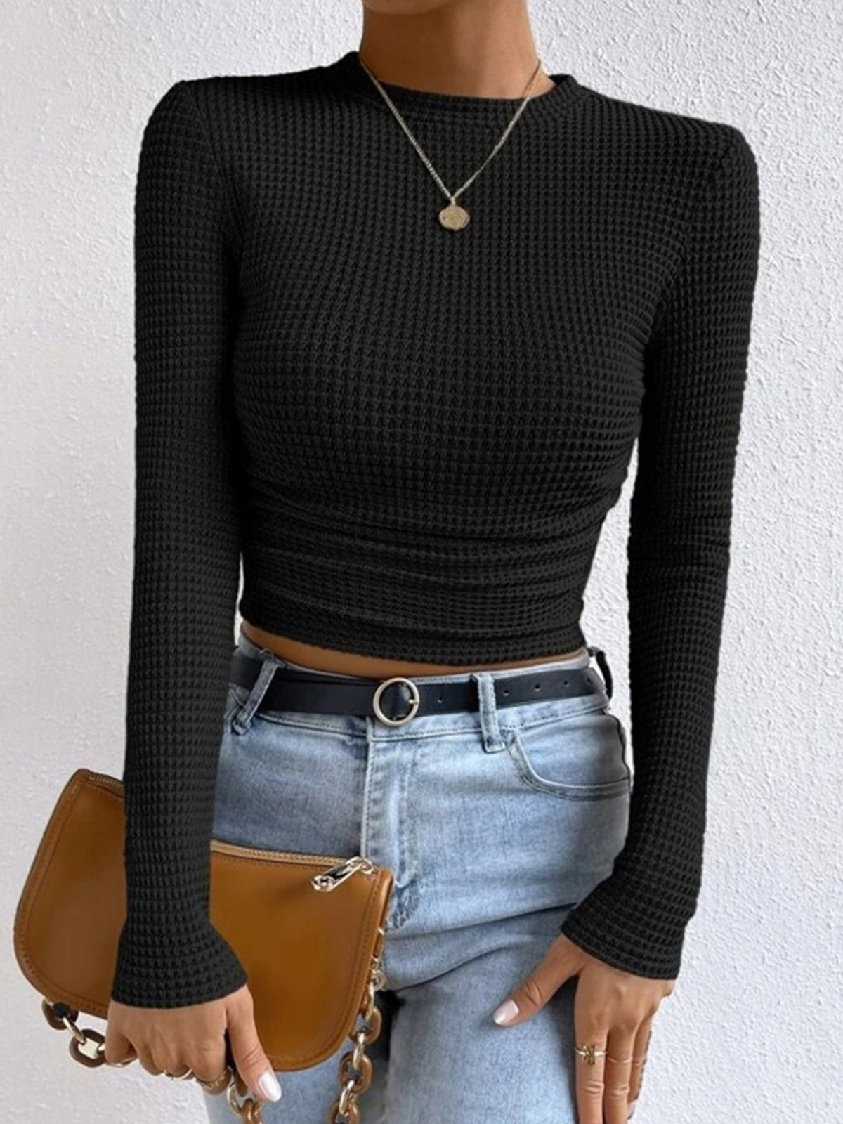 Women's Fitted Long Sleeve Top | Crew Neck & Textured Design