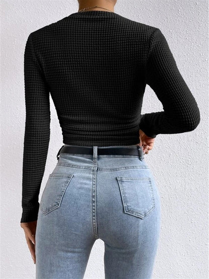 Women's Fitted Long Sleeve Top | Crew Neck & Textured Design