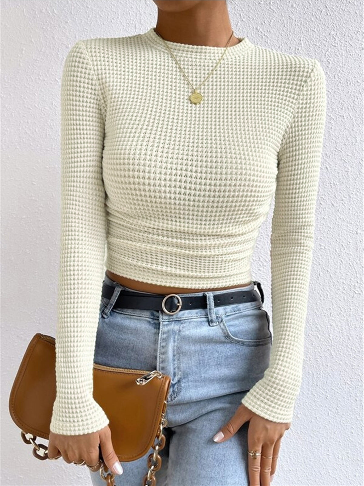 Women's Fitted Long Sleeve Top | Crew Neck & Textured Design