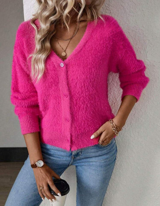 Women's Fluffy Knit Cardigan | V-Neck & Button Front