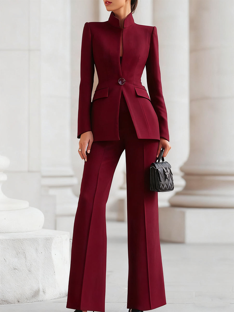 Women's Formal Suit | Stand-Collar Blazer, Wide Leg