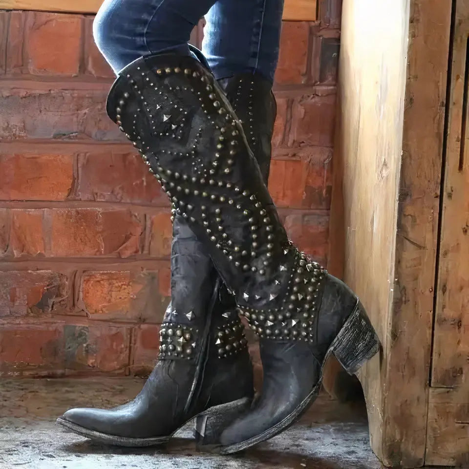 Women's Heel Boots | Studded Shaft, Stacked Block Heel
