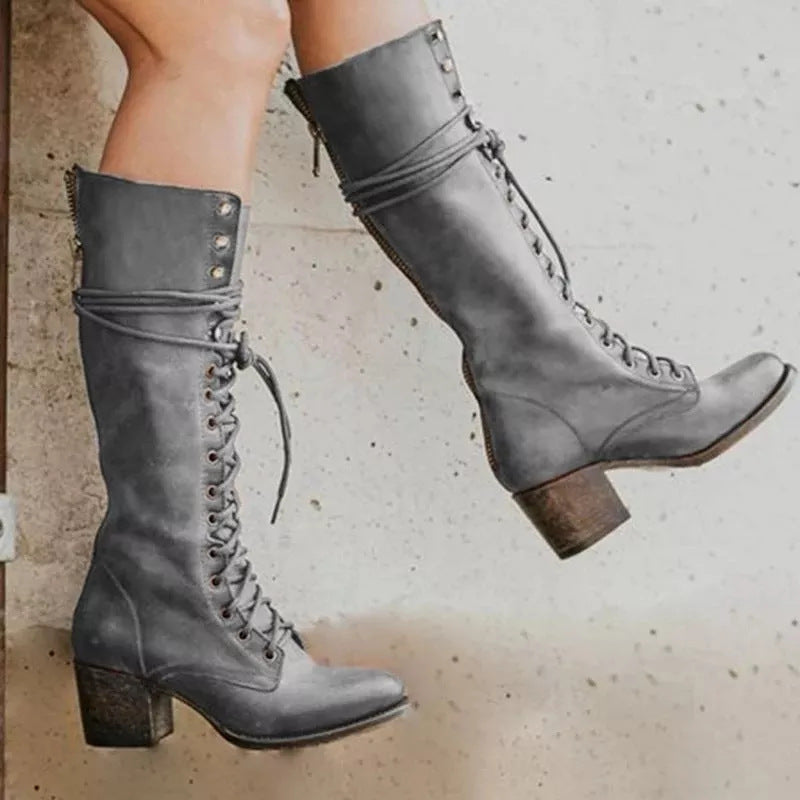 Women's High Boots | Full Lace-Up Front, Stacked Heel