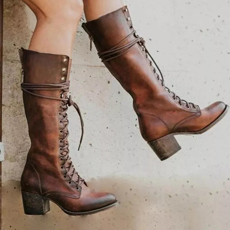 Women's High Boots | Full Lace-Up Front, Stacked Heel