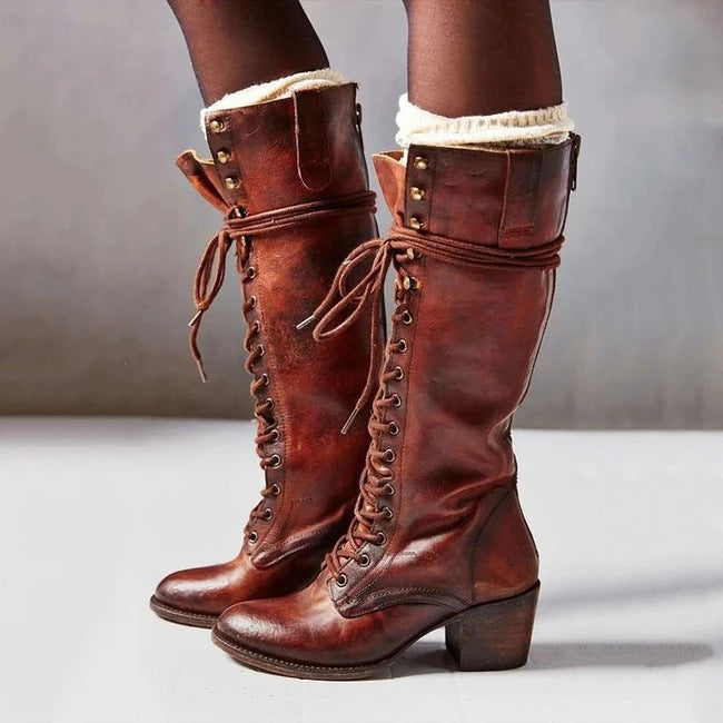 Women's High Boots | Full Lace-Up Front, Stacked Heel