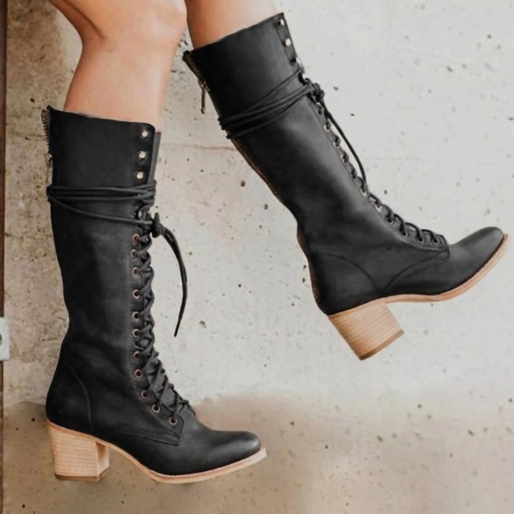 Women's High Boots | Full Lace-Up Front, Stacked Heel