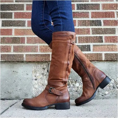 Women's High Boots | Round Toe, Buckled Strap, Side Zip