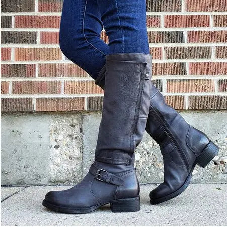 Women's High Boots | Round Toe, Buckled Strap, Side Zip