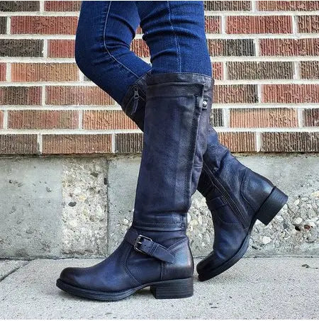 Women's High Boots | Round Toe, Buckled Strap, Side Zip