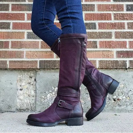Women's High Boots | Round Toe, Buckled Strap, Side Zip