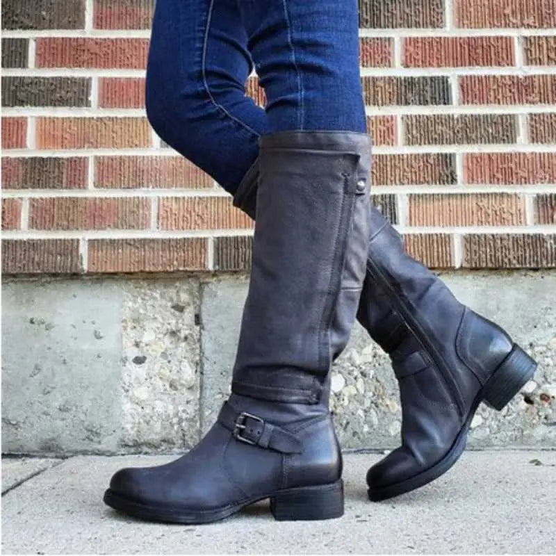 Women's High Boots | Round Toe, Buckled Strap, Side Zip