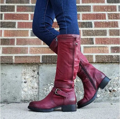Women's High Boots | Round Toe, Buckled Strap, Side Zip
