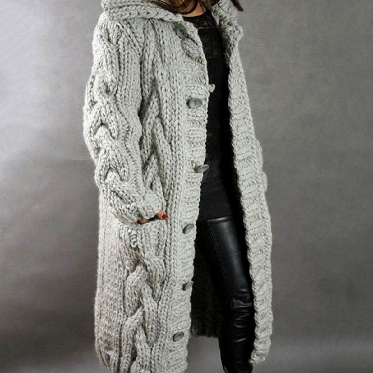 Nora | Women's Oversized Cable Knit Hooded Button Cardigan Long Coat