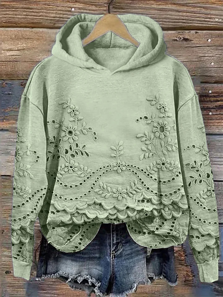 Women's Hoodie | Floral Embroidery, Scalloped Hem