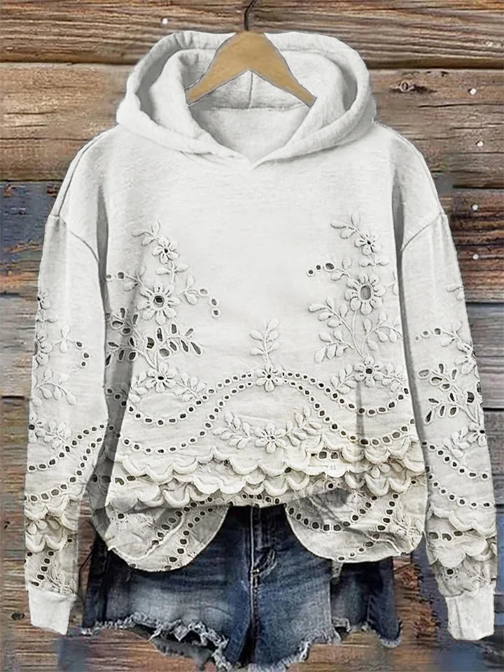 Women's Hoodie | Floral Embroidery, Scalloped Hem