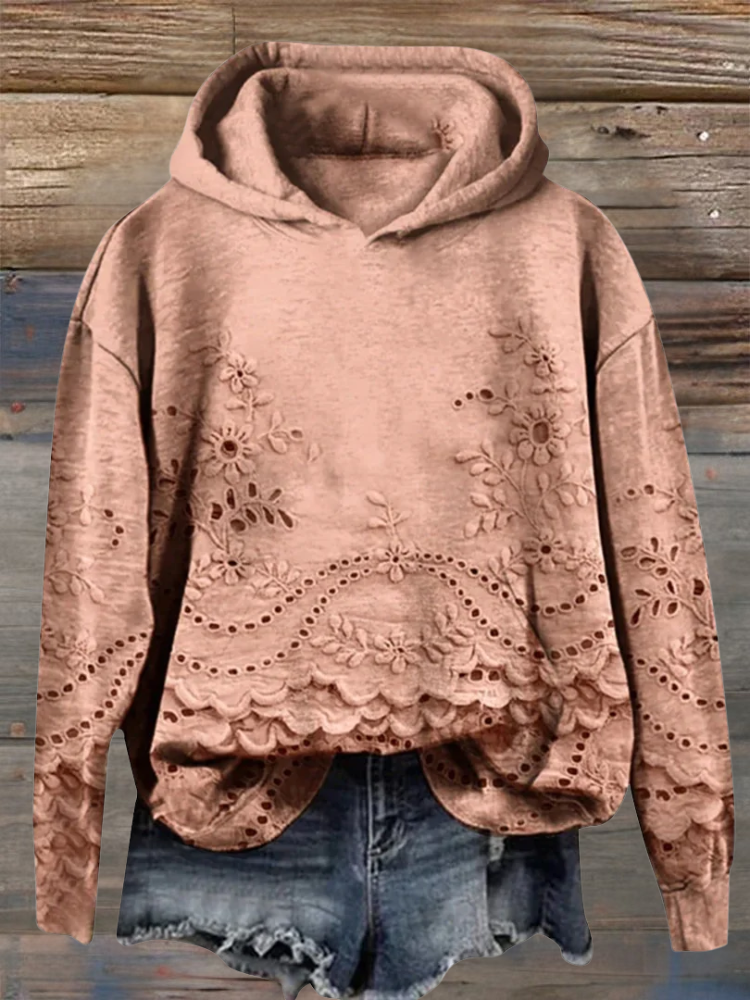 Women's Hoodie | Floral Embroidery, Scalloped Hem