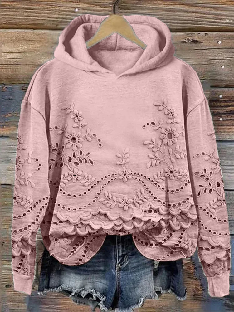 Women's Hoodie | Floral Embroidery, Scalloped Hem
