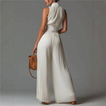 Women's Jumpsuit | Pleated Wide Leg & Deep V-Neck