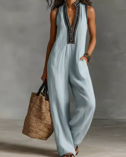 Women's Jumpsuit | Sleeveless Embroidered & Wide Leg