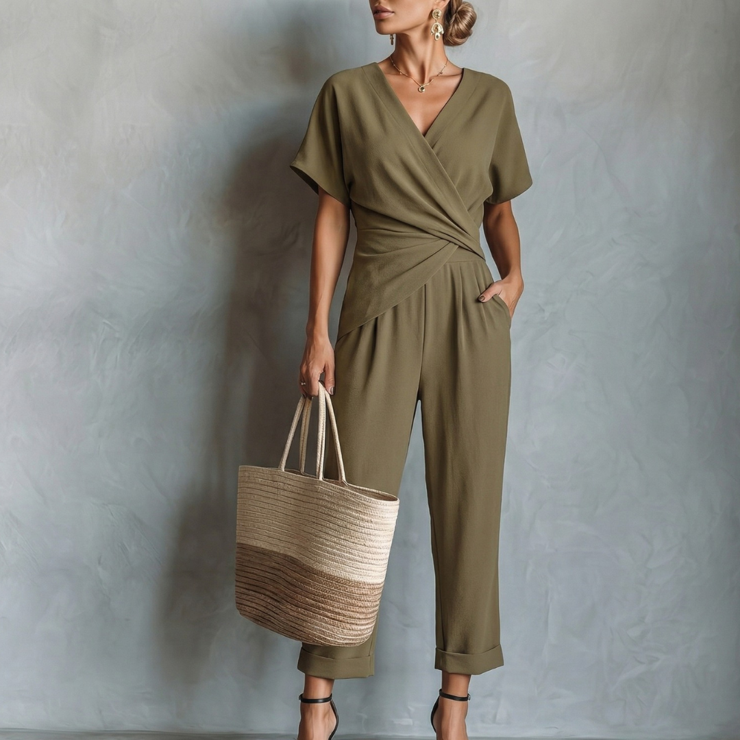 Women's Jumpsuit | Wrap V-Neck Pleated Wide Leg Design