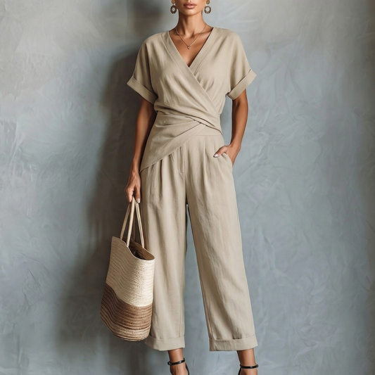 Women's Jumpsuit | Wrap V-Neck Pleated Wide Leg Design