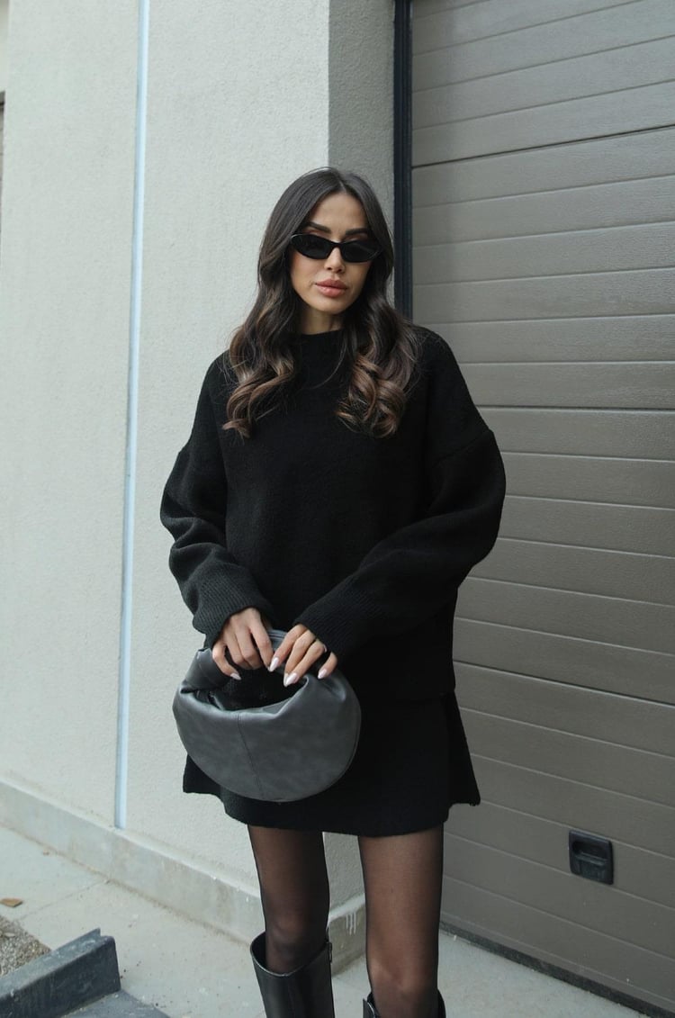 Lumina Wear Clara cozy knit sweater set with mini skirt in wine red, XS, featuring long sleeves and stylish design for women.