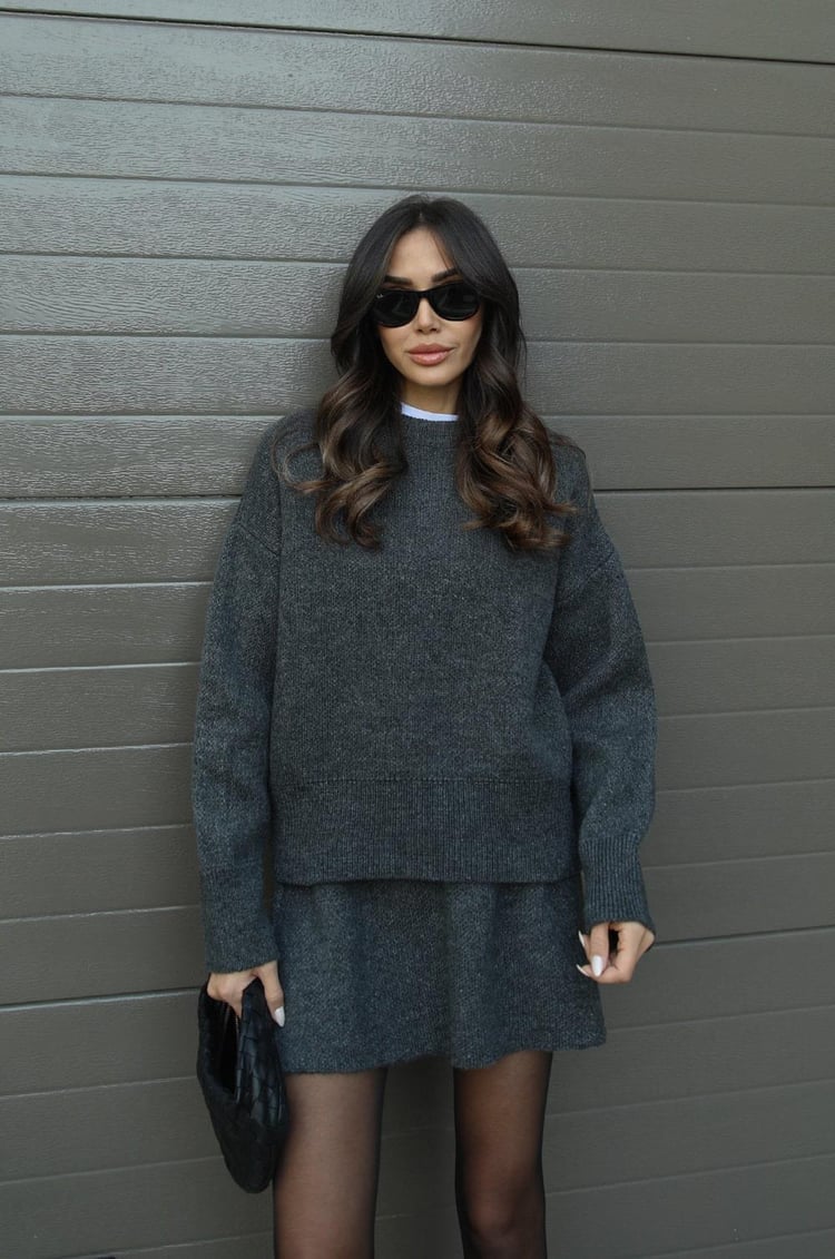 Lumina Wear Clara cozy knit sweater set with matching mini skirt, stylish and comfortable winter outfit.