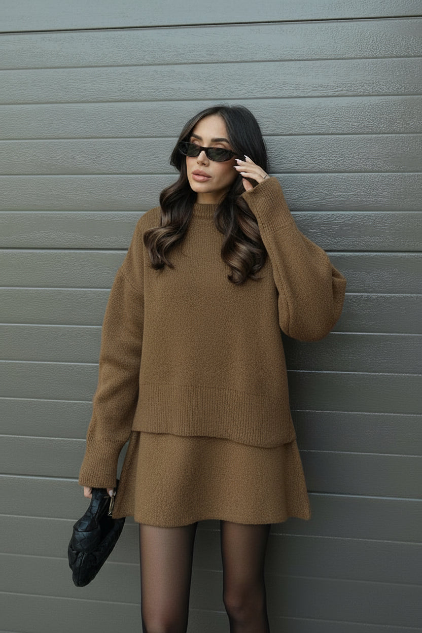 Lumina Wear Clara cozy knit sweater set with matching mini skirt, stylish and comfortable casual outfit for women.
