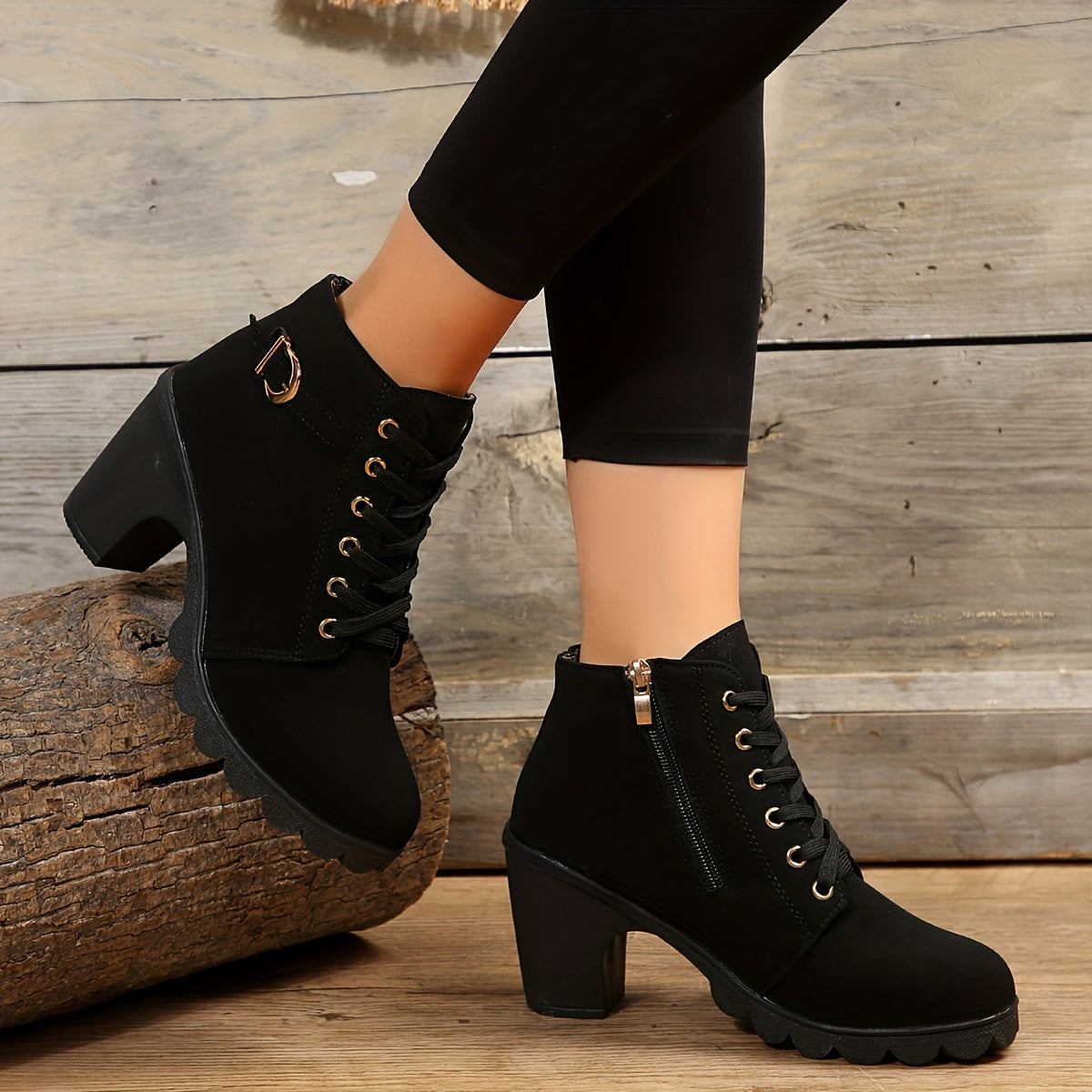 Women's Lace-Up Ankle Boots | Block Heel & Side Zip