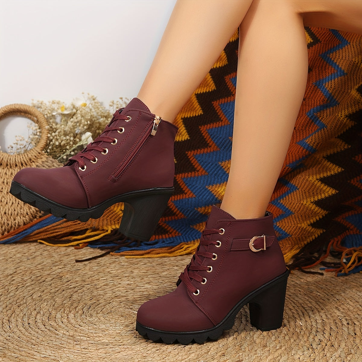 Women's Lace-Up Ankle Boots | Block Heel & Side Zip